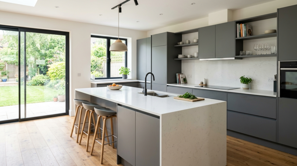 Grey Kitchen Cabinets Modern grey kitchen cabinets, matte finish, white quartz countertop, large island, natural daylight