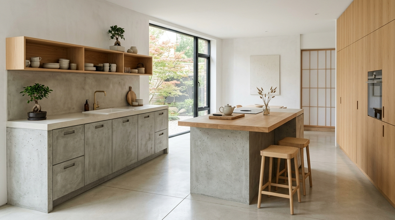 Concrete Look Kitchen Cabinets Japandi kitchen with concrete finish cabinets, light wood elements, clean lines, minimalist styling, serene mood