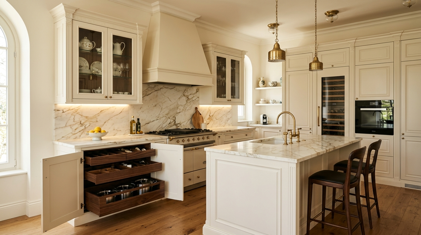 Italian Kitchen Cabinets Elegant Italian kitchen cabinets in ivory lacquer, with refined detailing, marble countertops and backsplash, custom interior organization, and warm ambient lighting.