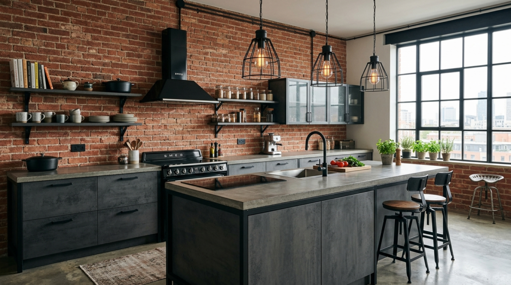 Concrete Look Kitchen Cabinets Industrial kitchen featuring dark concrete effect cabinets, black steel accents, exposed brick wall, pendant lighting