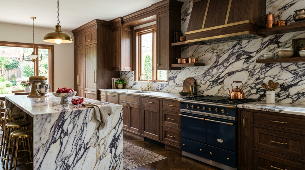 Modern Walnut Kitchen Cabinets dark walnut kitchen cabinets with waterfall marble countertops