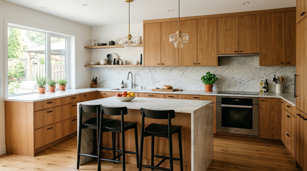 Light vs Dark Walnut Kitchen Cabinets: Which Finish Works Best? Light walnut kitchen cabinets with warm honey-brown tones and subtle wood grain, creating a refined and inviting contemporary kitchen.