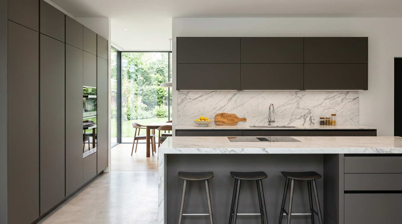 Designer Kitchen Cabinets, Made to Your Kitchen Italian-style flat-panel kitchen cabinets with sleek lacquer finishes, hidden storage, and premium stone countertops.
