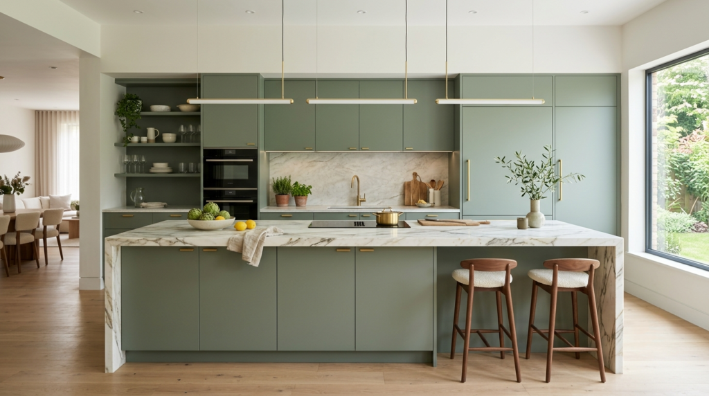 Rustic Sage Green Kitchen Cabinets: The Ultimate Design Guide Luxury kitchen with matte sage green cabinets, marble waterfall island, integrated appliances, and minimalist lighting.