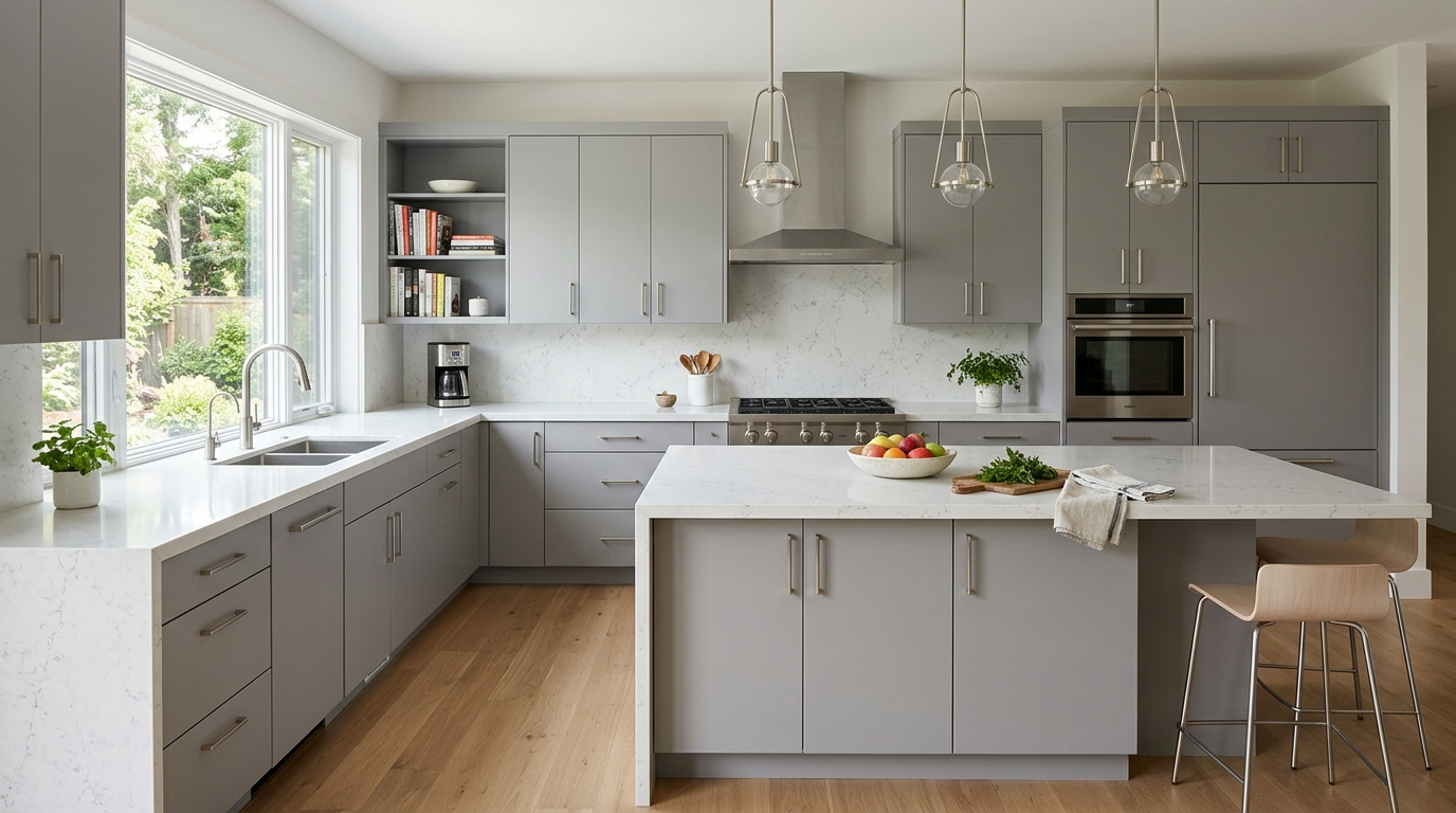 Designer Kitchen Cabinets, Made to Your Kitchen Modern flat-panel kitchen cabinets in soft gray with quartz countertops and brushed metal accents.