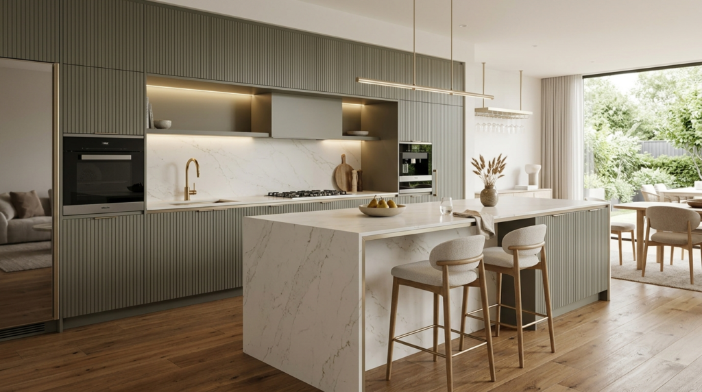 Designer Kitchen Cabinets, Made to Your Kitchen Modern kitchen with designer kitchen cabinets in muted olive gray, fluted matte fronts, brushed champagne metal accents, waterfall quartz island, warm oak flooring, soft ambient lighting, minimalist luxury aesthetic