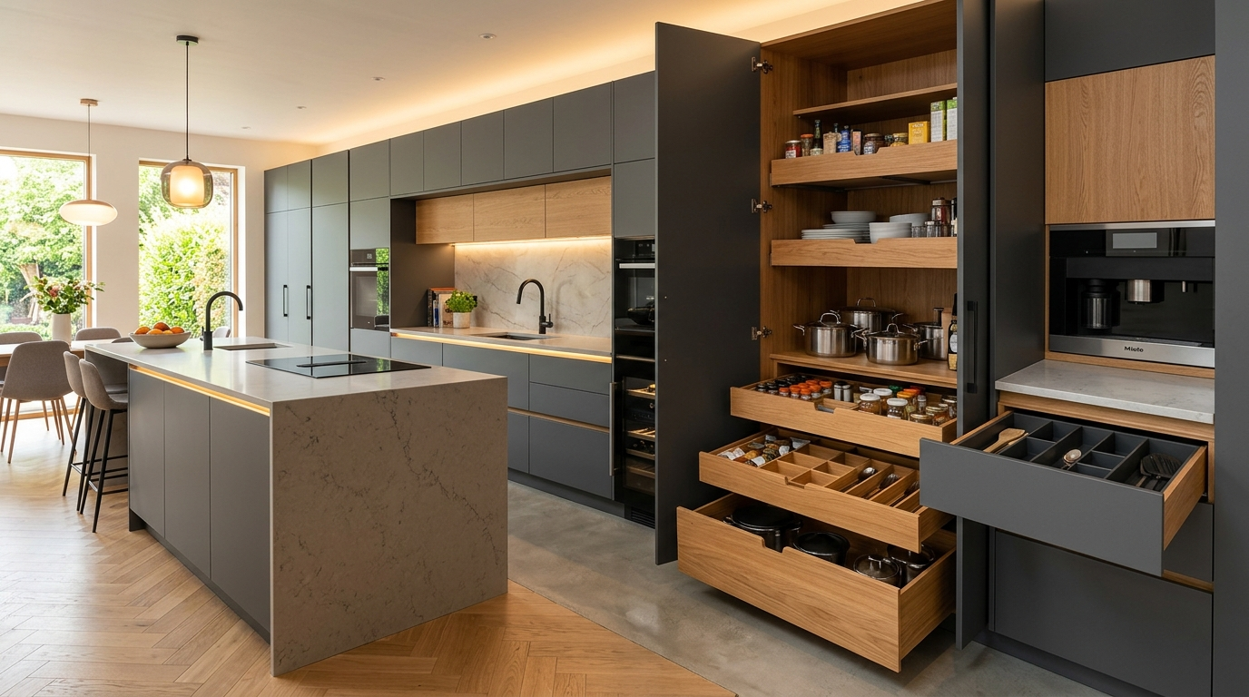 Designer Kitchen Cabinets, Made to Your Kitchen Modern kitchen with designer kitchen cabinets, specialist internal storage, matte cabinetry, hidden pull-out drawers, integrated organizers, clean lines, warm lighting, premium functional design.