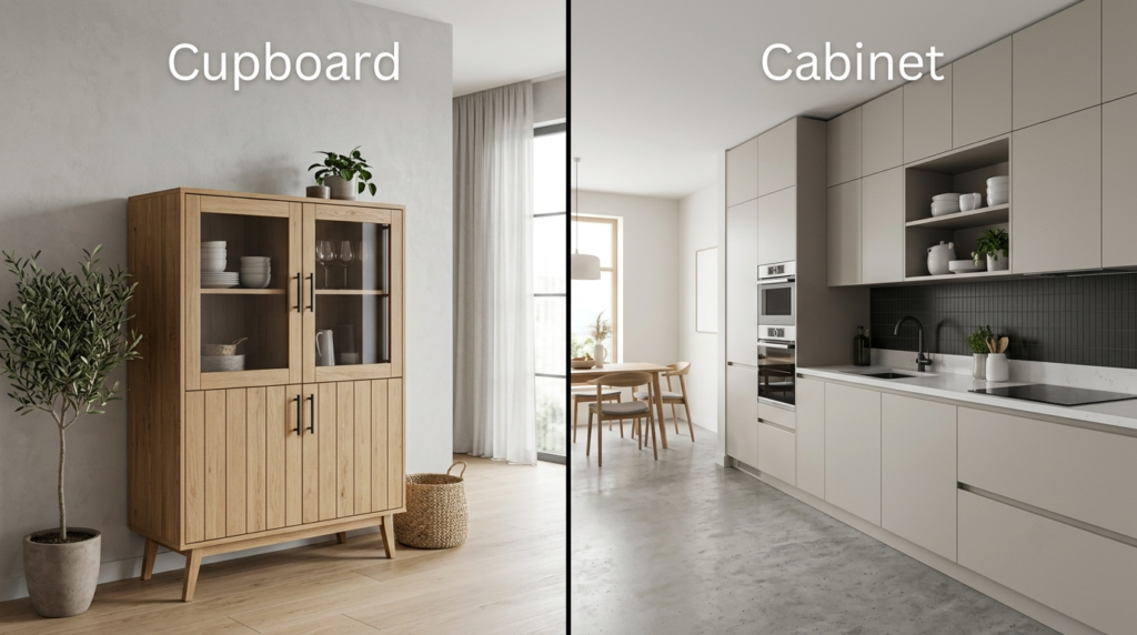 Cupboard vs Cabinet: What Is the Real Difference? Modern split-screen comparison of a freestanding cupboard and built-in kitchen cabinets, labeled “Cupboard” and “Cabinet,” in a minimalist neutral interior.
