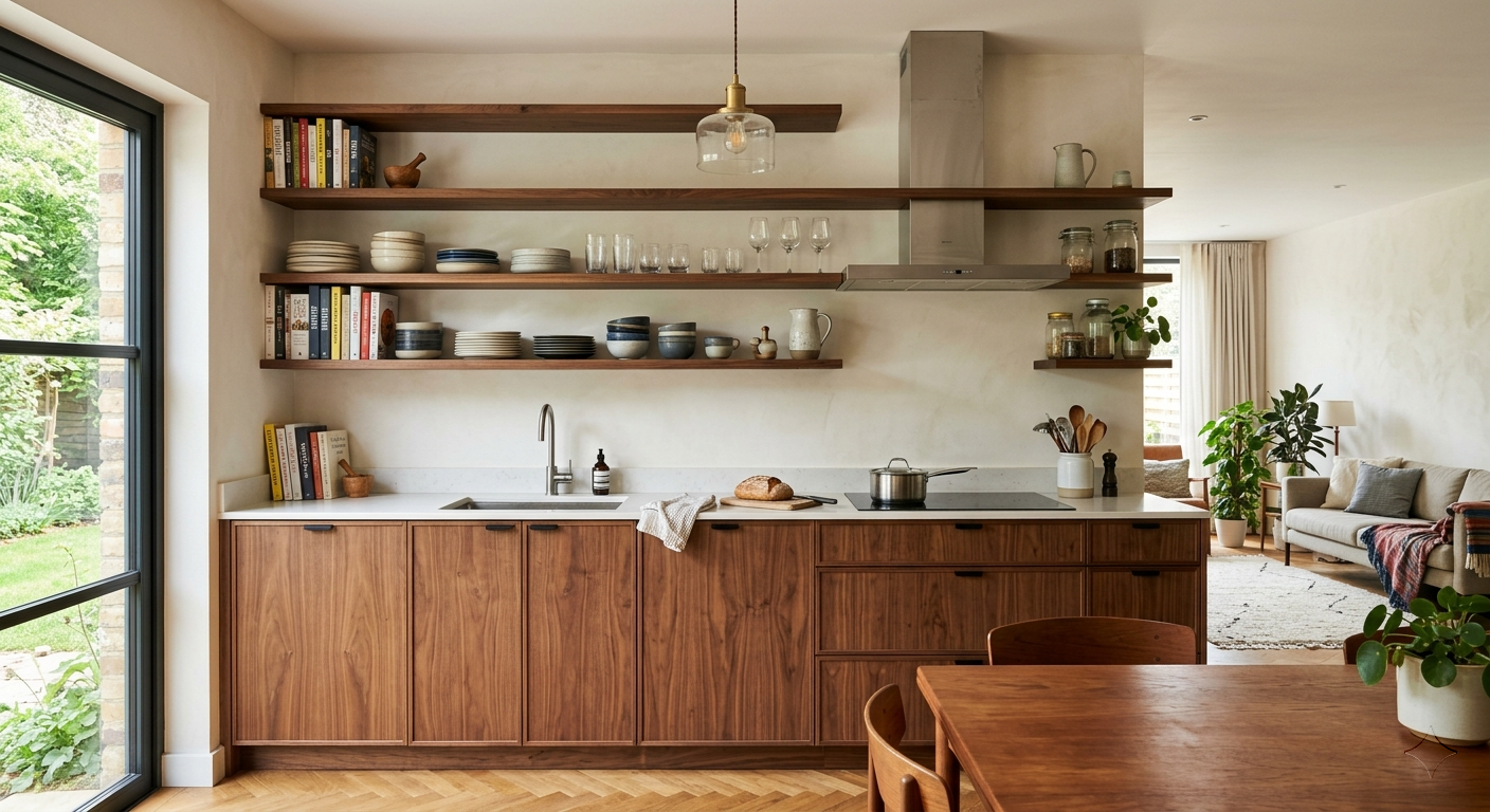 PKC-0120 Open Concept Walnut Kitchen Cabinet Design