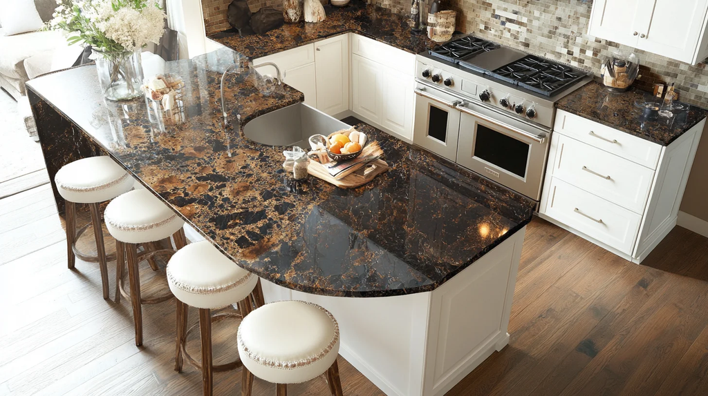 Dark Brown Stone Slab With White Cabinets
