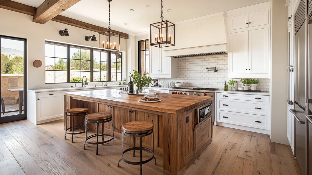 White Cabinets With a Brown Wood Island Countertop