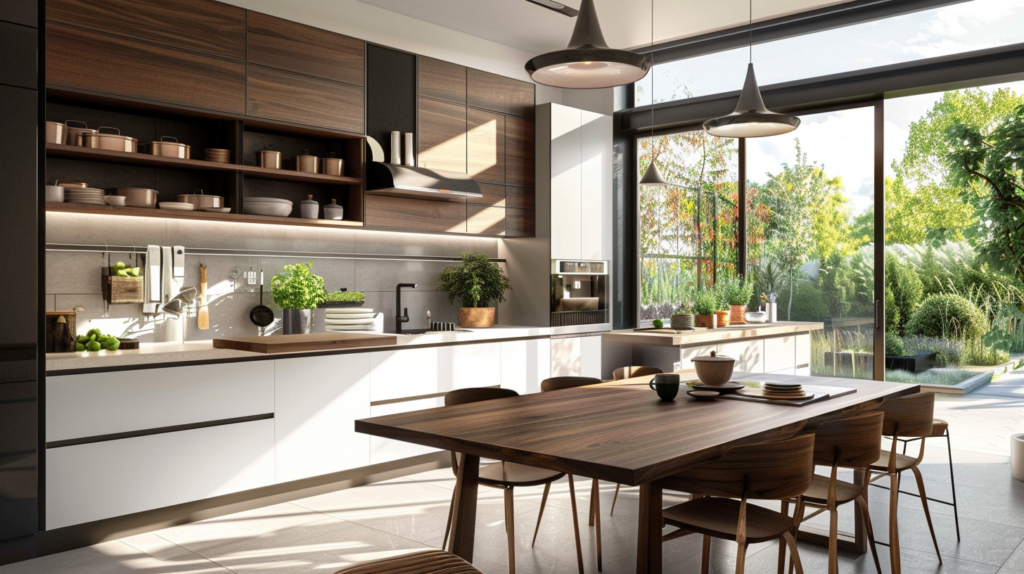 Flat Panel Walnut Kitchen Cabinets for Modern Kitchens minimalist design handless walnut kitchen cabinet with white lacquer cabinets