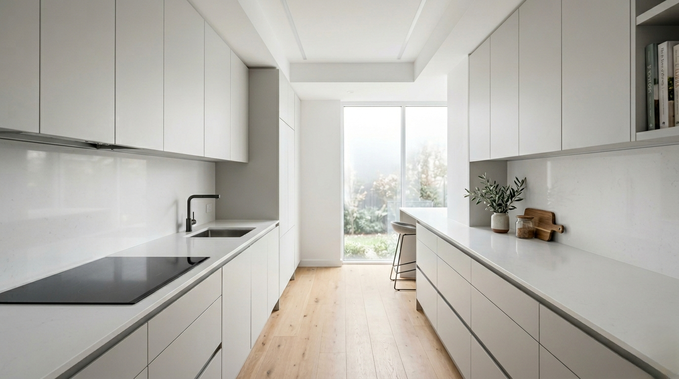 Handleless Kitchen Cabinets Handleless kitchen cabinets with pale grey touch-latch doors, fully hidden appliances in a minimalist galley kitchen.