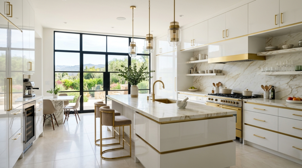Italian Kitchen Cabinets Luxury Italian kitchen cabinets with high-gloss white surface, gold accents, large windows, and abundant natural daylight.