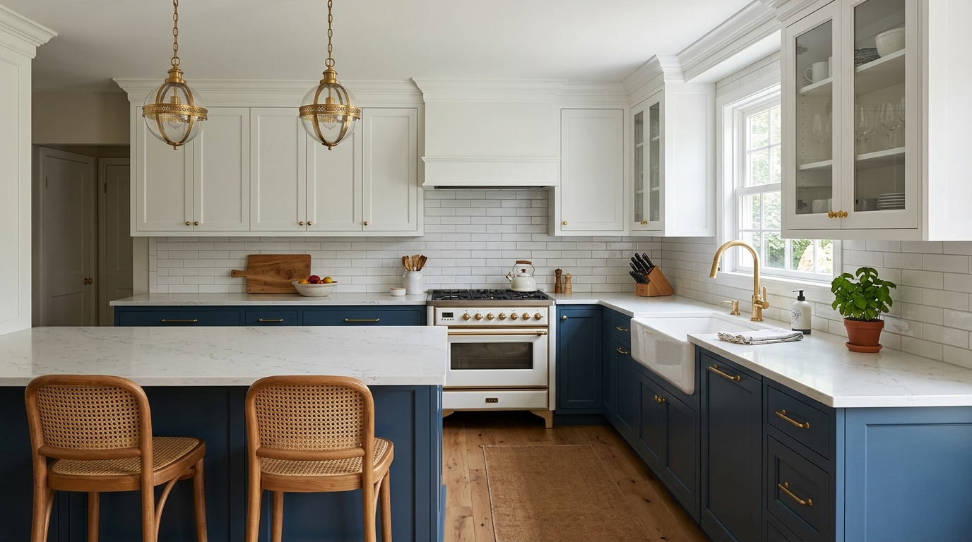 Blue Kitchen Cabinets Two-tone kitchen with blue lower cabinets and white upper cabinets, quartz countertops, brass fixtures, timeless transitional design