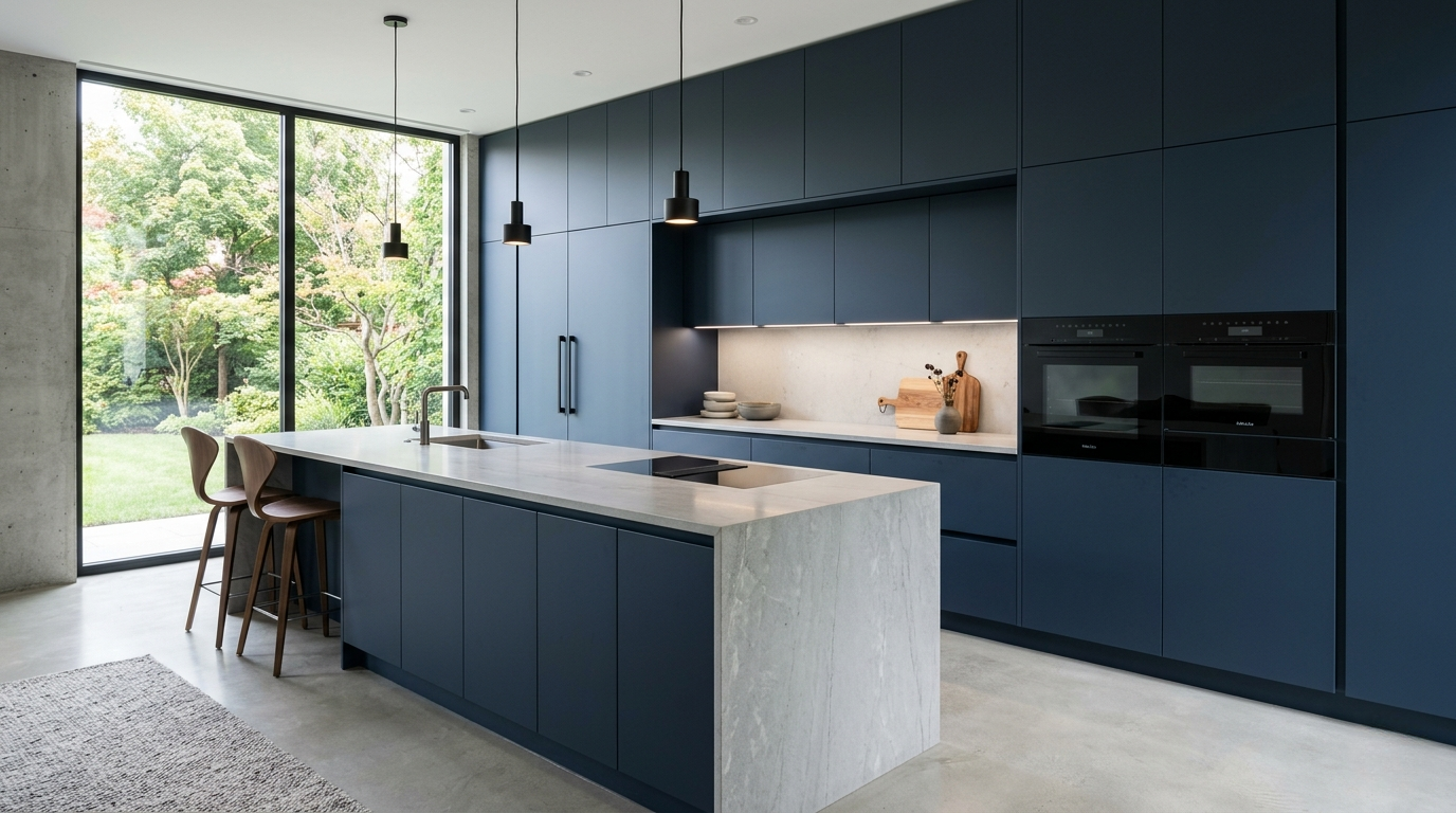 Blue Kitchen Cabinets Dark blue kitchen cabinets, floor-to-ceiling storage, integrated appliances, minimalist luxury design, seamless cabinetry, clean lines