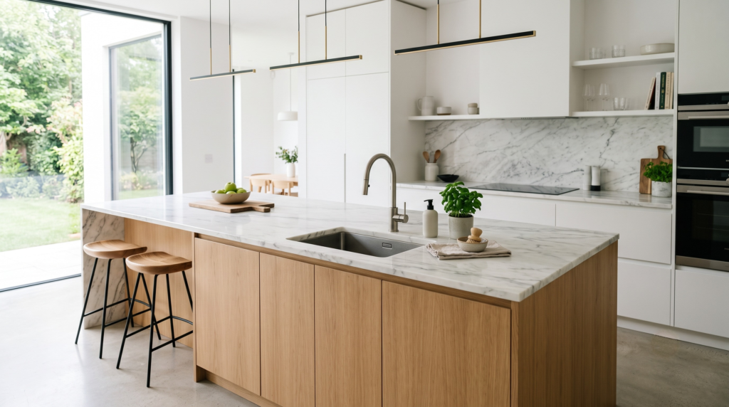 Kitchen Island with Sink: How to Plan, Design and Install It Right A kitchen island with a built-in sink in a modern kitchen, marble countertop, minimalist design