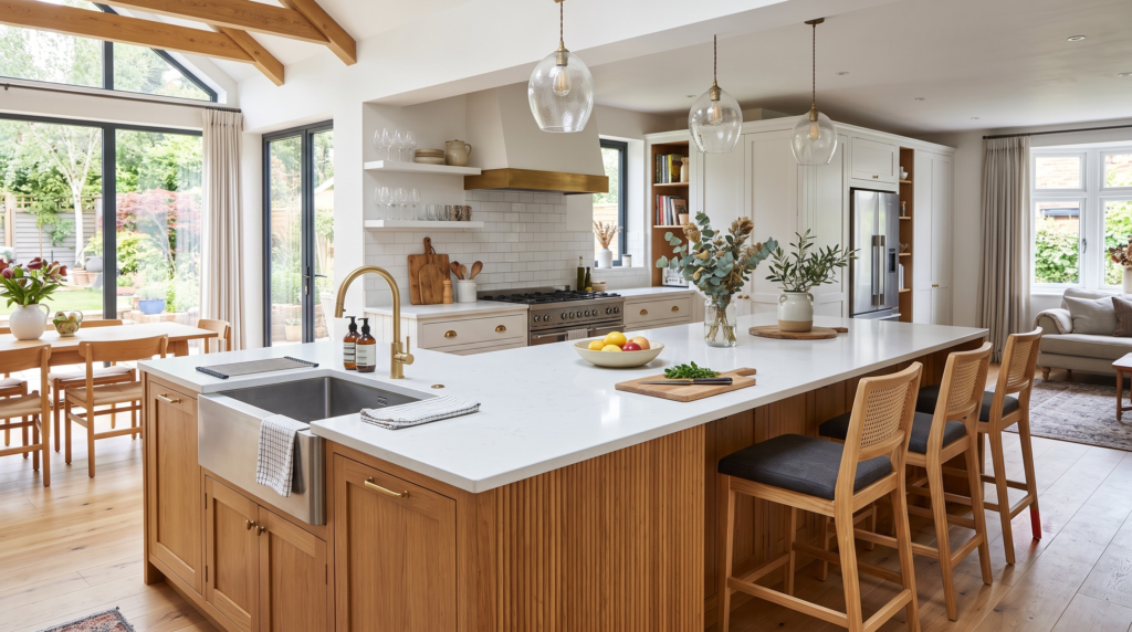 Kitchen Island with Sink: How to Plan, Design and Install It Right A kitchen island with a sink and seating area, bar stools, spacious open-plan kitchen design