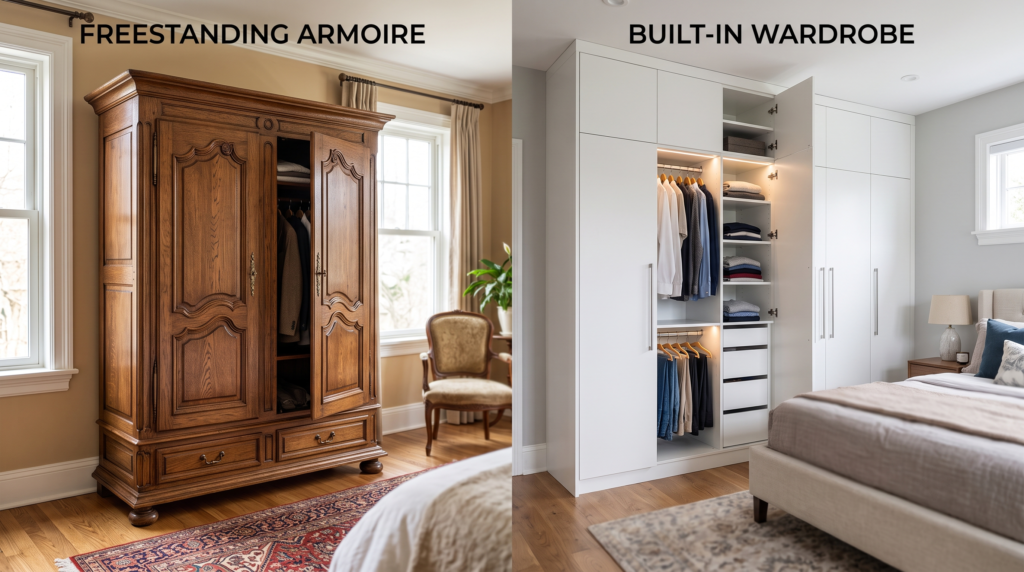 Armoire vs Wardrobe: What Is the Difference and Which Should You Choose? Armoire vs wardrobe comparison showing the differences in design and storage style