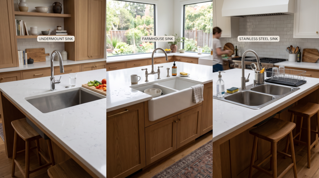 Kitchen Island with Sink: How to Plan, Design and Install It Right Best sink types for a kitchen island, featuring undermount, farmhouse, and stainless steel sink options