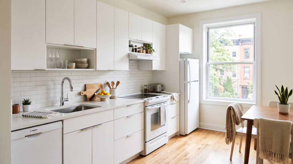 Melamine Kitchen Cabinets: Everything You Need to Know Budget-friendly melamine kitchen with white cabinets, clean lines and minimal hardware, bright residential setting