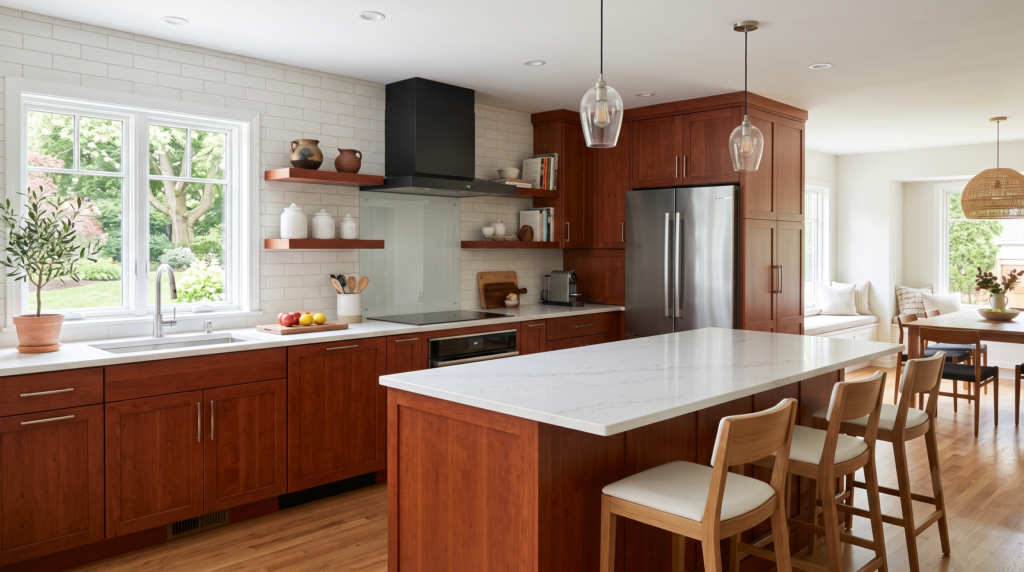 Cherry Wood Kitchen Cabinets: Ideas, Stains and Design Pairings Cherry cabinets paired with white countertops in a bright contemporary kitchen