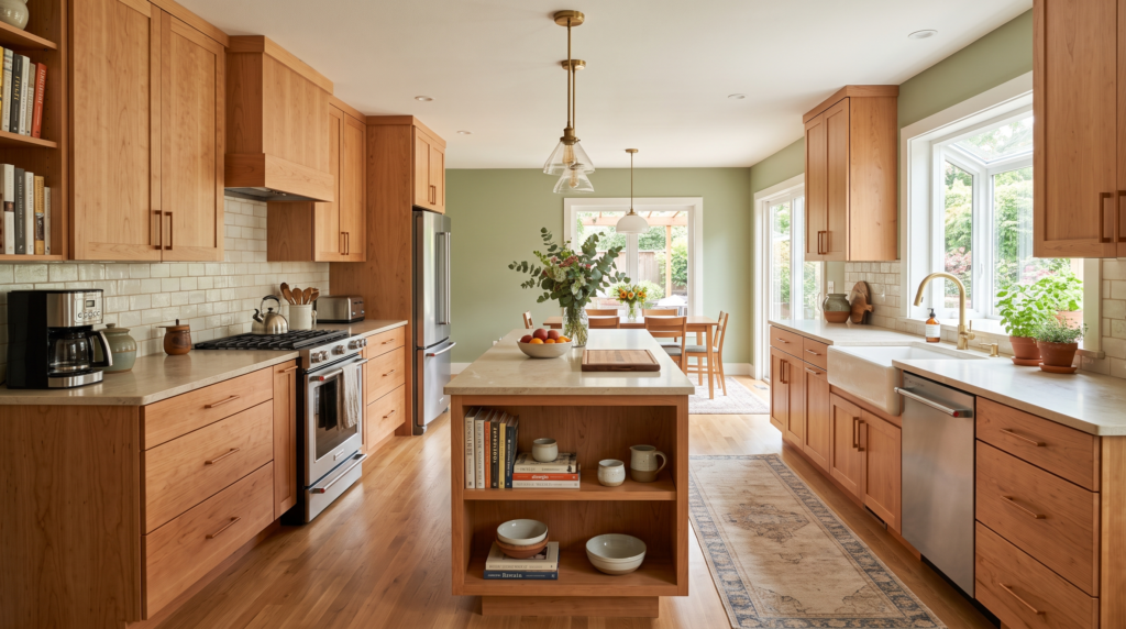 Cherry Wood Kitchen Cabinets: Ideas, Stains and Design Pairings Cherry kitchen cabinets with matching hardware and complementary wall colors in a stylish kitchen design
