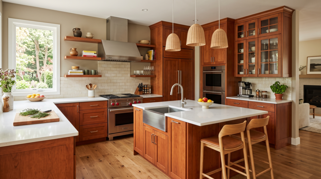 Cherry Wood Kitchen Cabinets: Ideas, Stains and Design Pairings Cherry wood kitchen cabinets in a warm contemporary kitchen