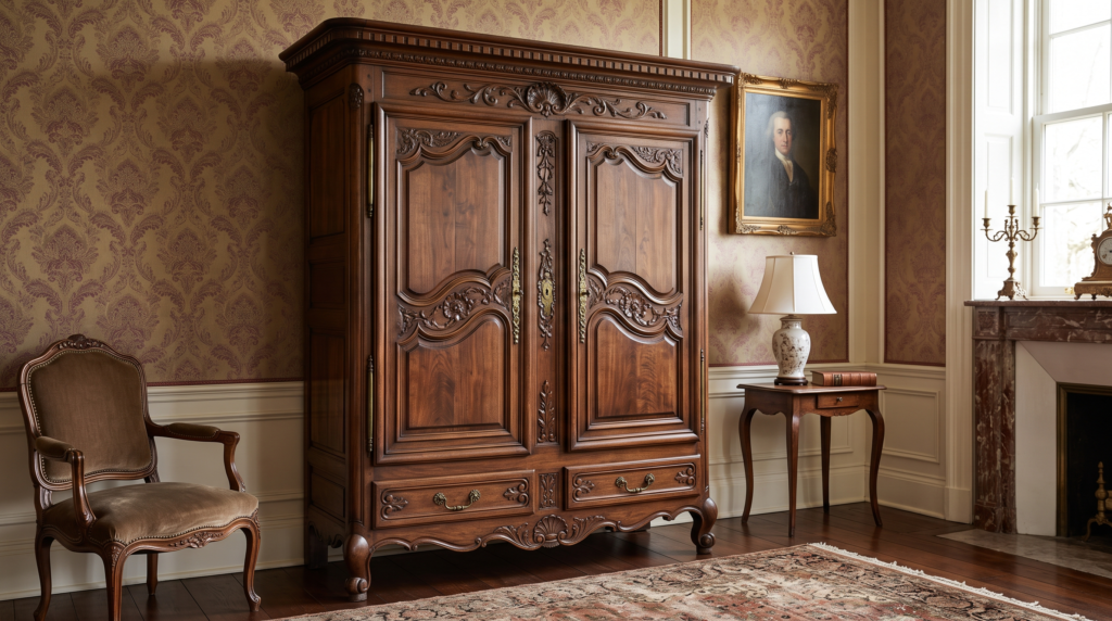 Armoire vs Wardrobe: What Is the Difference and Which Should You Choose? Classic armoire with elegant doors and detailed wooden craftsmanship