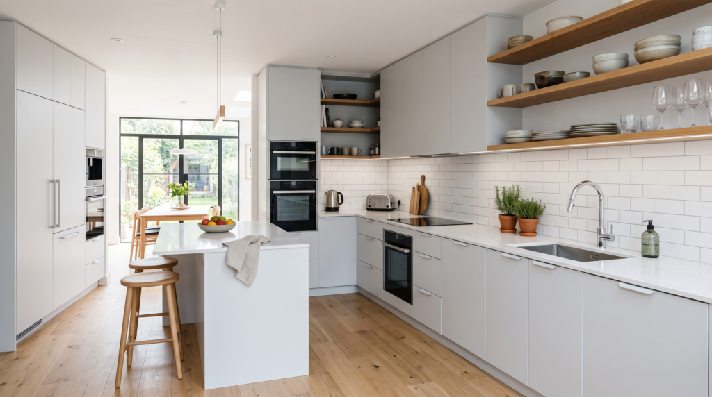 Melamine Kitchen Cabinets: Everything You Need to Know Clean modern melamine kitchen cabinets in light grey or white, full kitchen view with open shelving and minimal hardware