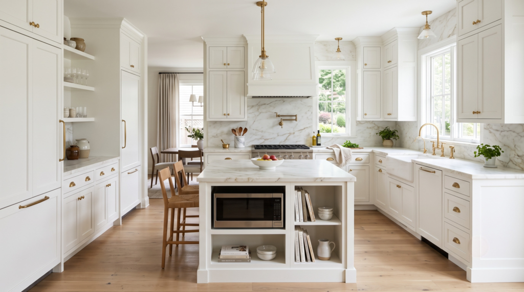 Shaker Kitchen Cabinets: Complete Buyer's Guide to Styles and Sources Clean white Shaker kitchen cabinets with marble countertops and brass hardware