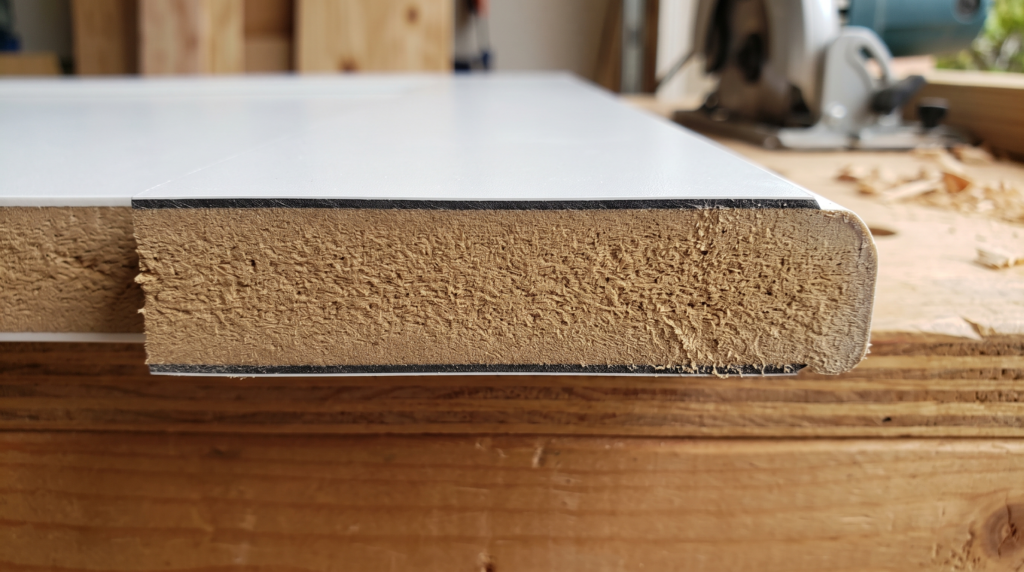 Melamine Kitchen Cabinets: Everything You Need to Know Close-up cross-section of a melamine cabinet door panel showing MDF core and smooth thermally fused decorative surface layer
