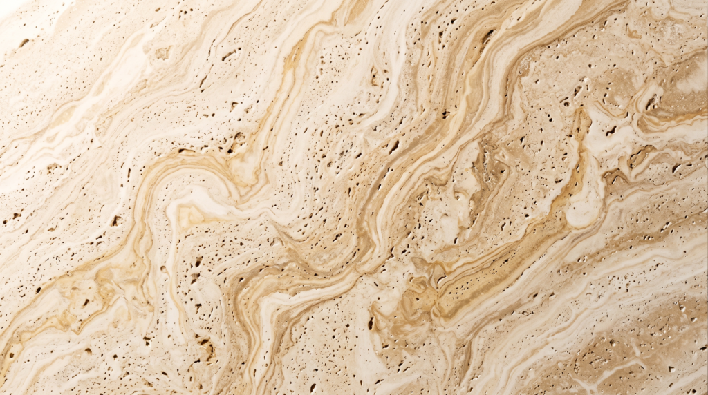 Travertine Countertops: Pros, Cons and Design Ideas for the Kitchen Close-up of a travertine slab showing natural ivory and gold veining with characteristic pitting on a smooth honed surface