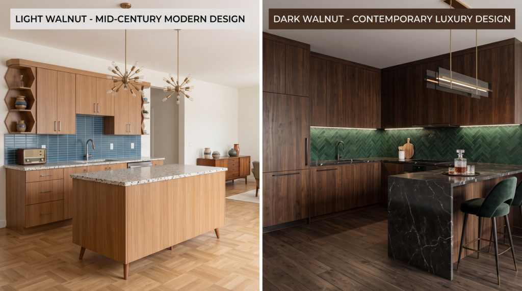 Walnut Kitchen Cabinets: Design Ideas, Colors and Pairing Guide Comparison of light walnut and dark walnut kitchen cabinets, showcasing different wood tones and kitchen styles