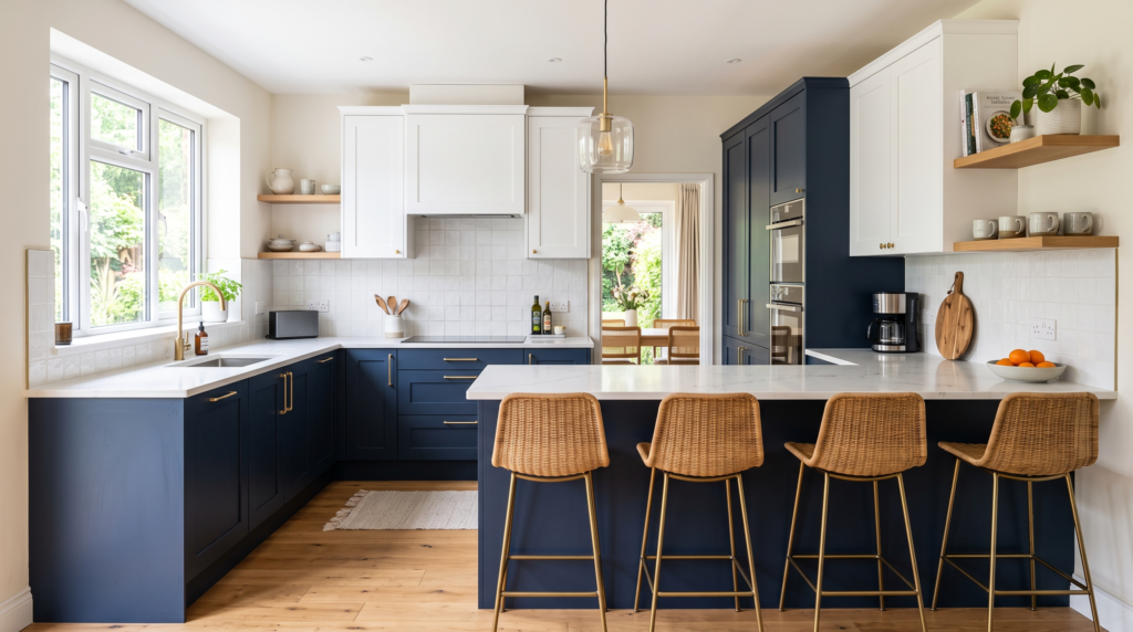 Two Tone Kitchen Cabinets: 18 Color Combinations That Work Contemporary two tone kitchen cabinet design featuring navy blue base cabinets and white wall cabinets