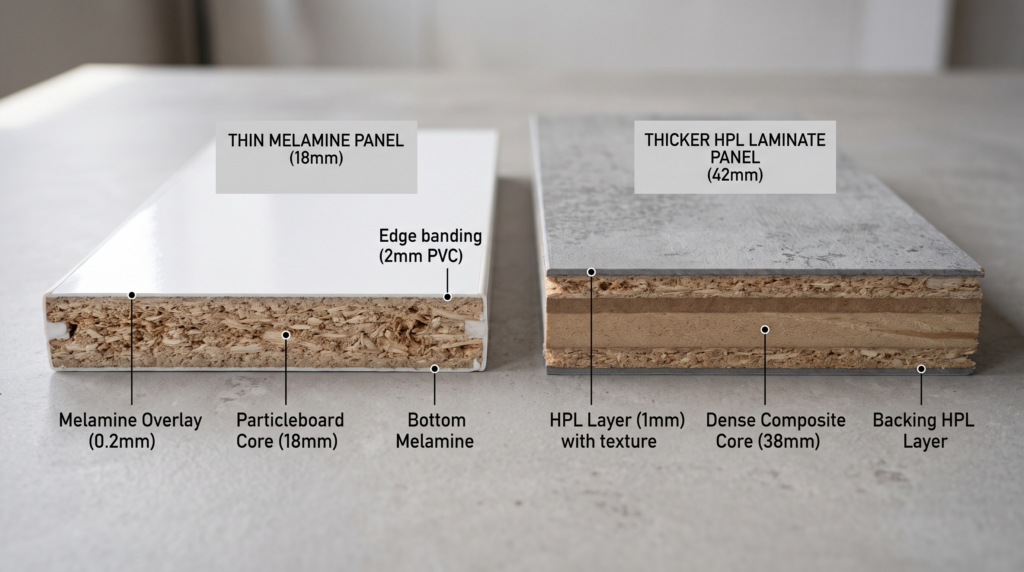 Melamine Kitchen Cabinets: Everything You Need to Know Cross-section comparison of thin melamine panel and thicker HPL laminate panel on a neutral studio surface, showing the structural difference