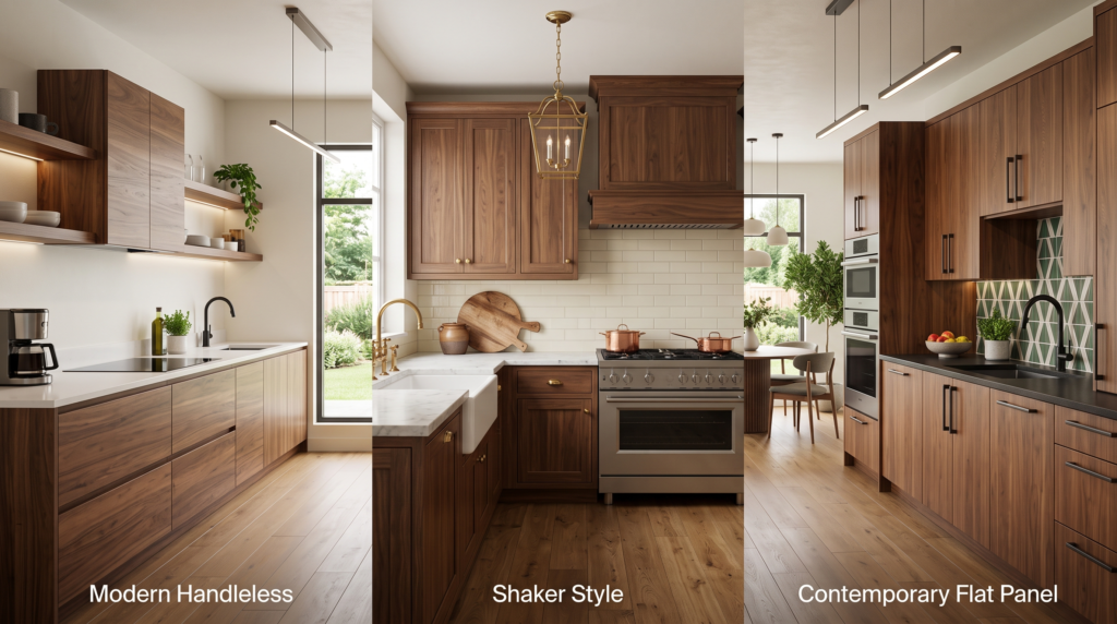 Walnut Kitchen Cabinets: Design Ideas, Colors and Pairing Guide Different walnut kitchen cabinet styles featuring modern, traditional, and contemporary designs, stylish kitchen interiors