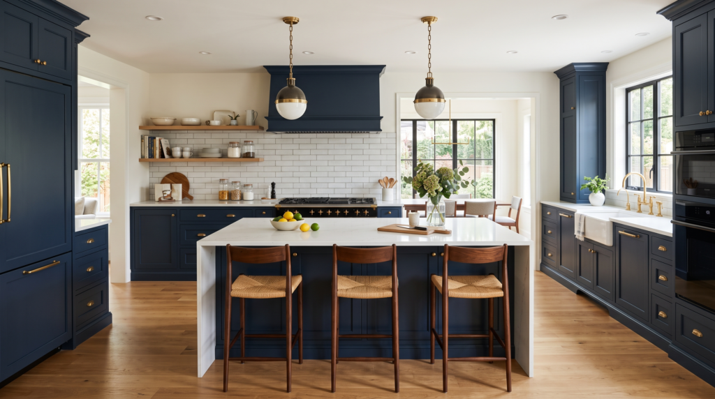 Shaker Kitchen Cabinets: Complete Buyer's Guide to Styles and Sources Elegant navy blue Shaker kitchen cabinets with white quartz island