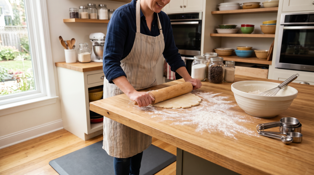 Standard Kitchen Counter Height Guide for Cabinets, Islands and Bars Ergonomic baking countertop with ideal height, spacious kitchen workspace with rolling pin, flour, mixing bowl, and comfortable baking setup