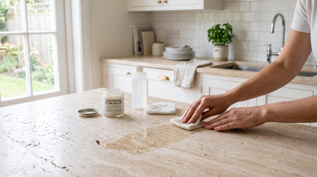 Travertine Countertops: Pros, Cons and Design Ideas for the Kitchen Hands applying penetrating stone sealer to a honed travertine countertop, soft natural daylight, clean kitchen setting