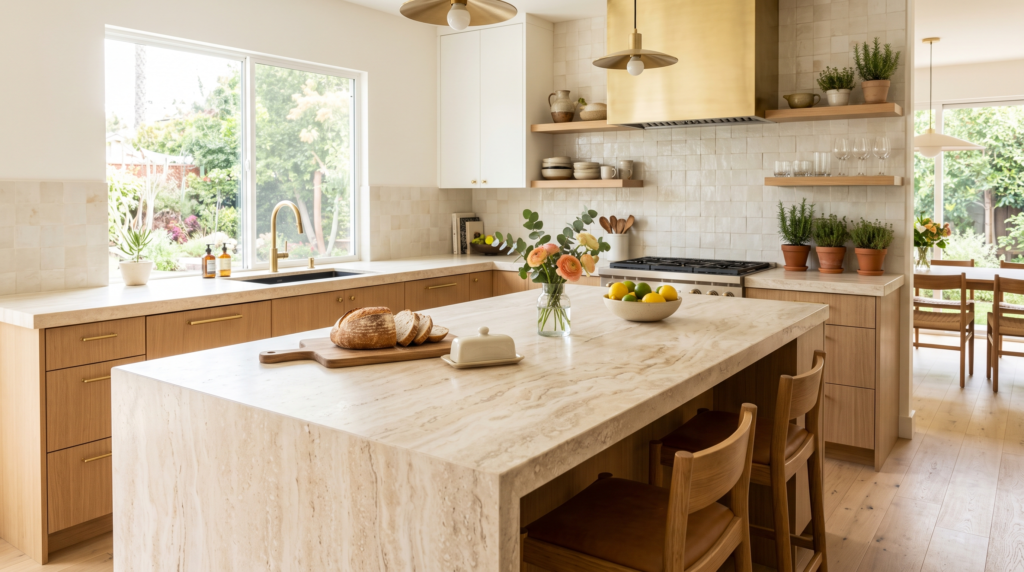 Travertine Countertops: Pros, Cons and Design Ideas for the Kitchen Honed travertine kitchen countertop in a bright modern kitchen, warm ivory stone surface with natural veining and subtle texture