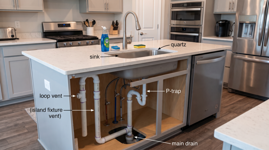 Kitchen Island with Sink: How to Plan, Design and Install It Right Kitchen island sink placement and plumbing basics, showing sink location, pipes, and water connections under the island