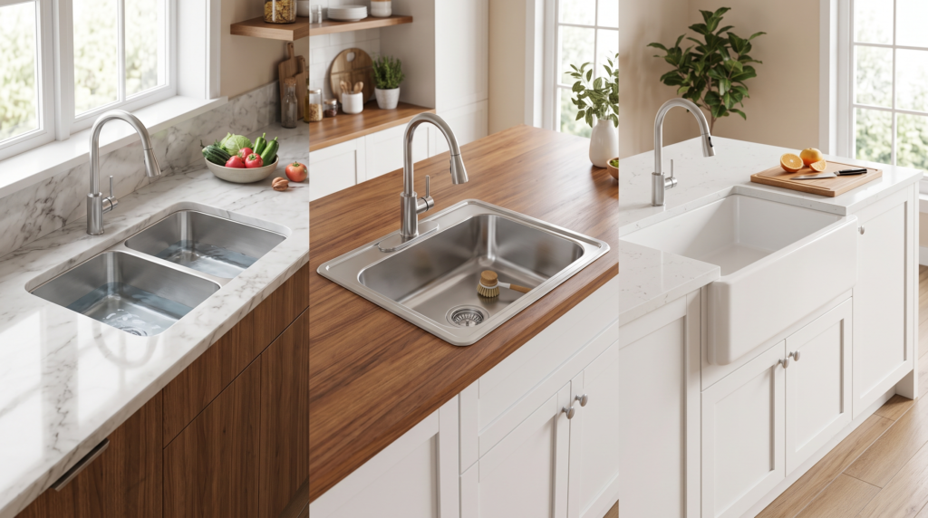 Kitchen Sink Sizes and Dimensions: Complete Measurement Guide Kitchen sink dimensions by type showing undermount, drop-in, and farmhouse sinks with their mounting styles
