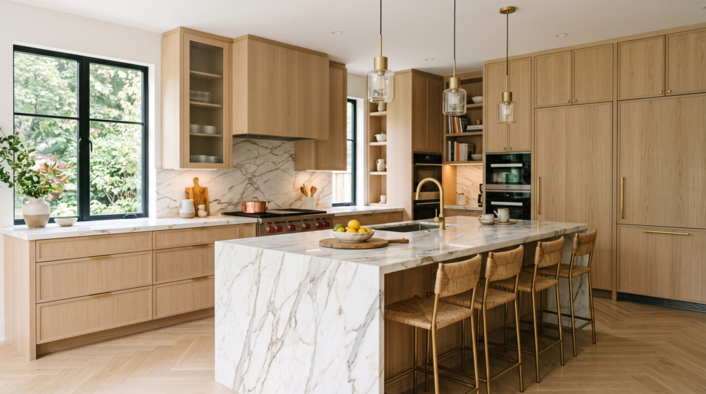 White Oak Kitchen Cabinets: Complete Design and Styling Guide Luxury kitchen design with custom white oak cabinets and elegant stone countertops