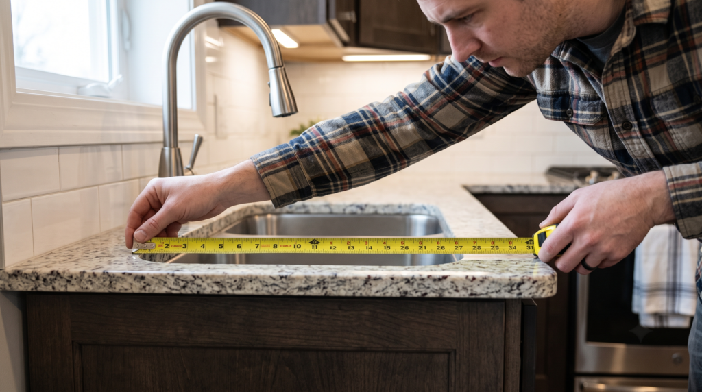 Kitchen Sink Sizes and Dimensions: Complete Measurement Guide Measuring a kitchen sink with a tape measure across the countertop cutout width above a base cabinet