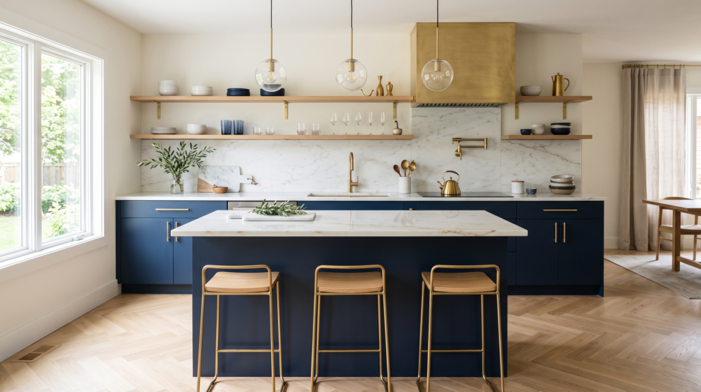 Navy Blue Kitchen Cabinets: Ideas, Colors and Design Trends Minimal kitchen with navy cabinets with gold hardware