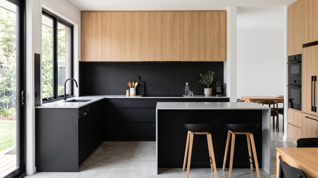 Two Tone Kitchen Cabinets: 18 Color Combinations That Work Minimalist two tone kitchen cabinet design with natural wood and matte black finishes