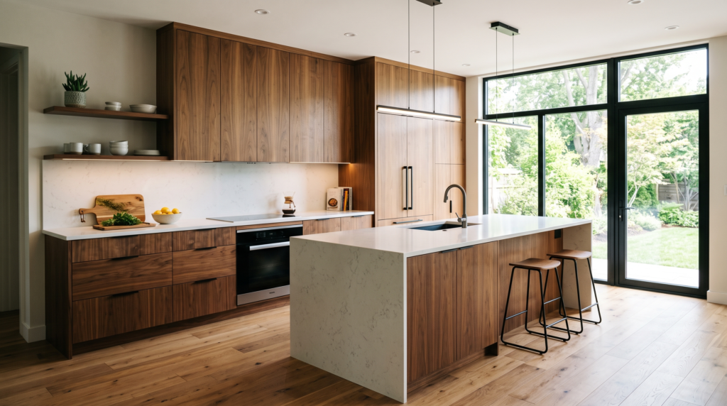 Walnut Kitchen Cabinets: Design Ideas, Colors and Pairing Guide Modern kitchen with elegant walnut kitchen cabinets, warm wood tones, minimalist design, natural lighting