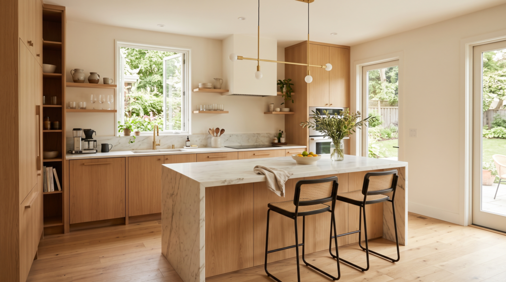 White Oak Kitchen Cabinets: Complete Design and Styling Guide Modern kitchen with white oak cabinets, marble island, and warm minimalist design