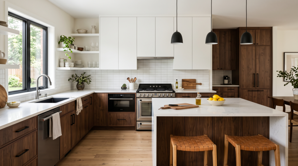 Two Tone Kitchen Cabinets: 18 Color Combinations That Work Modern two tone kitchen cabinet design with white upper cabinets and dark wood lower cabinets